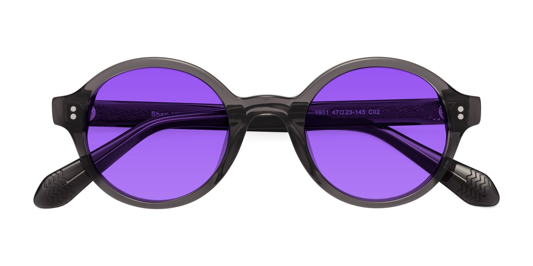 Folded Front of Shari in Dark Gray with Purple Tinted Lenses