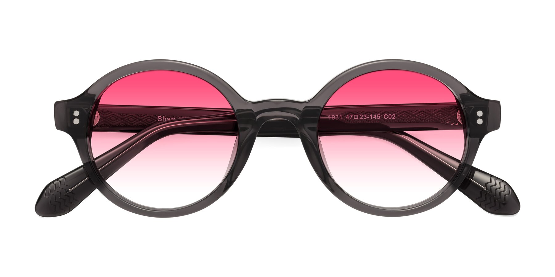 Folded Front of Shari in Dark Gray with Pink Gradient Lenses