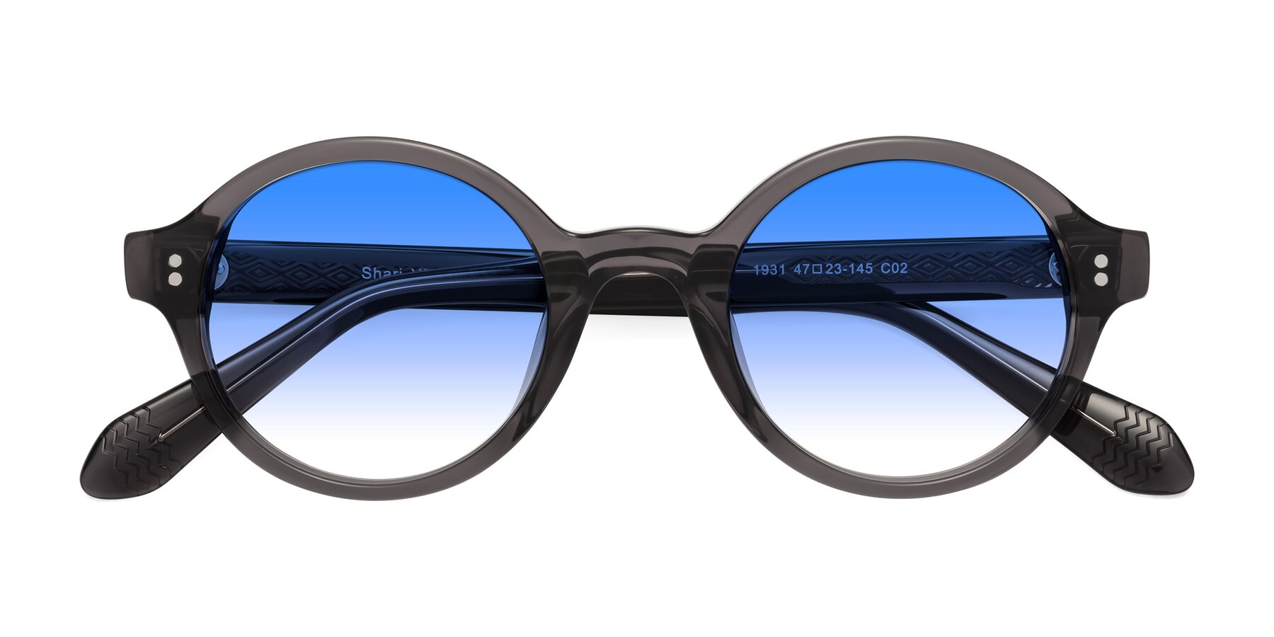 Folded Front of Shari in Dark Gray with Blue Gradient Lenses