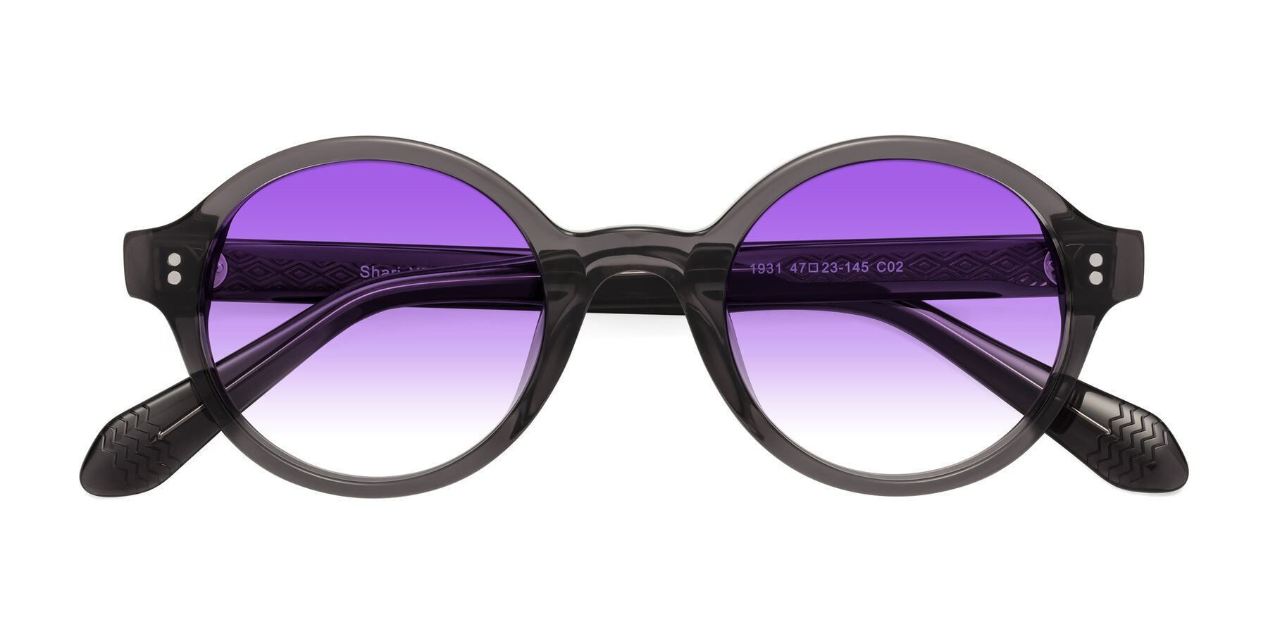 Folded Front of Shari in Dark Gray with Purple Gradient Lenses