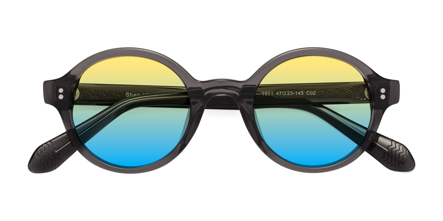 Folded Front of Shari in Dark Gray with Yellow / Blue Gradient Lenses