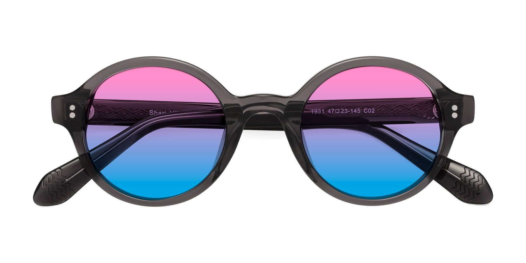 Folded Front of Shari in Dark Gray with Pink / Blue Gradient Lenses