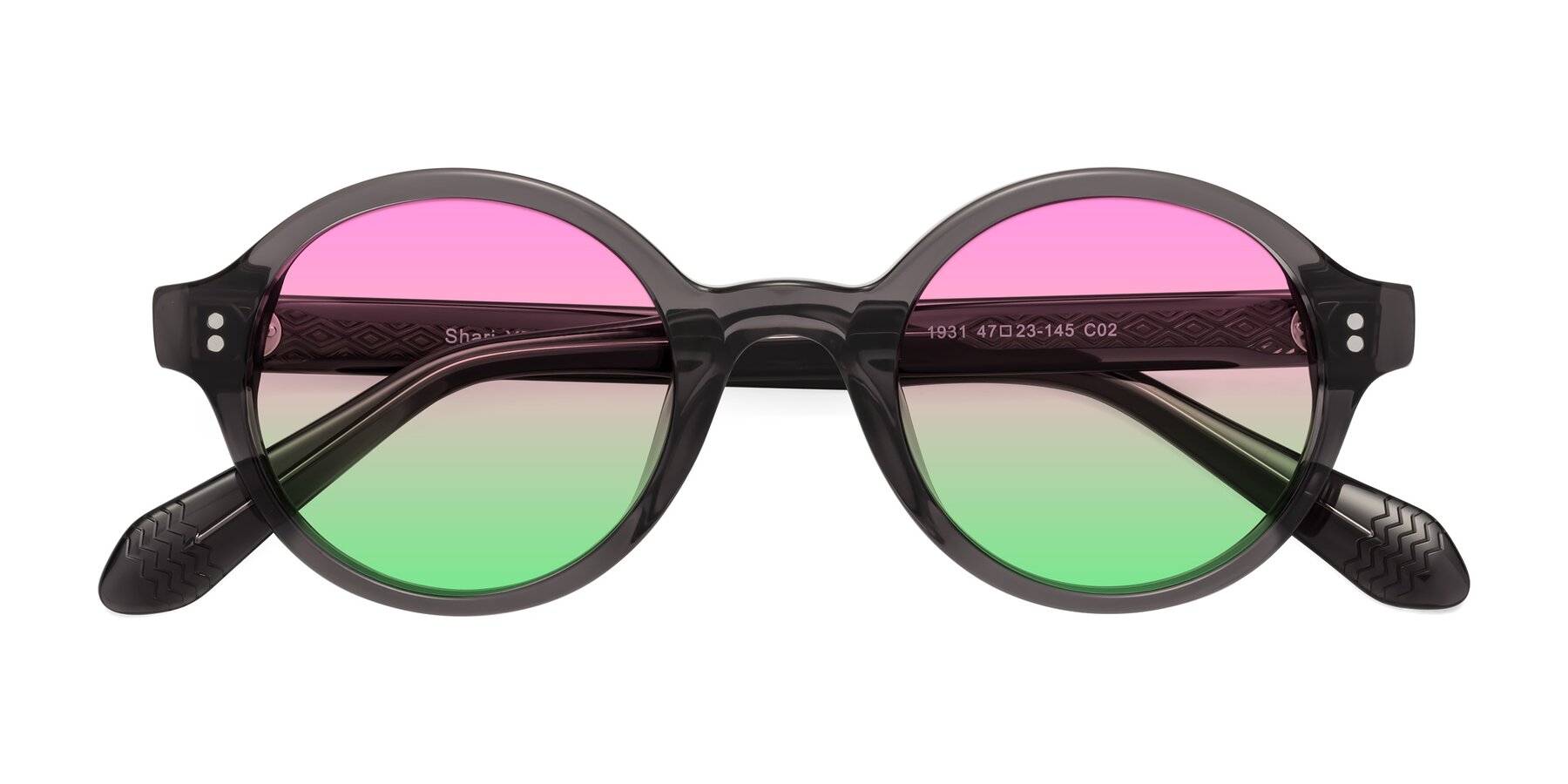 Folded Front of Shari in Dark Gray with Pink / Green Gradient Lenses
