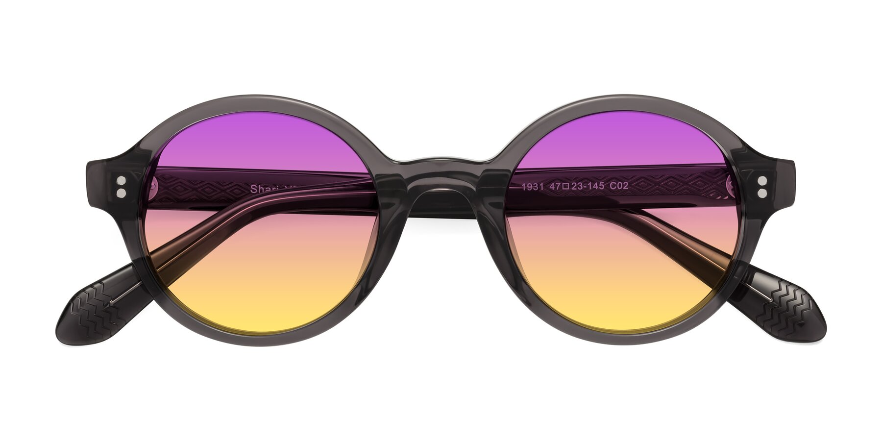 Folded Front of Shari in Dark Gray with Purple / Yellow Gradient Lenses