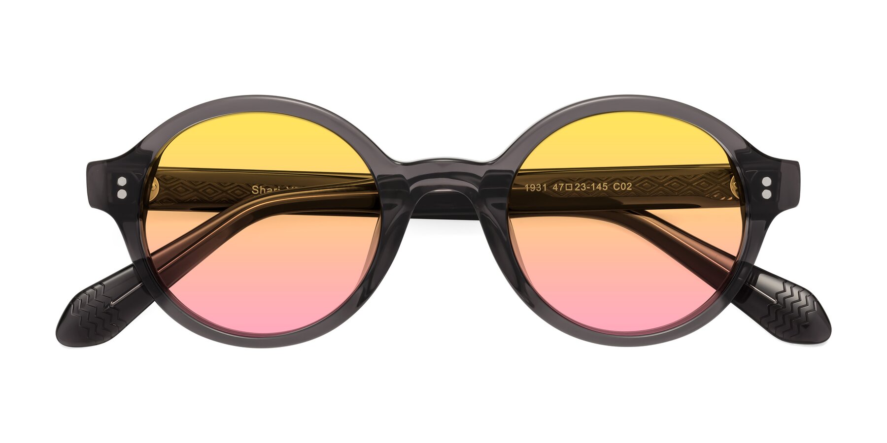 Folded Front of Shari in Dark Gray with Yellow / Pink Gradient Lenses