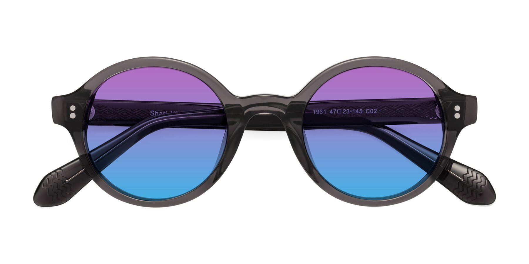 Folded Front of Shari in Dark Gray with Purple / Blue Gradient Lenses