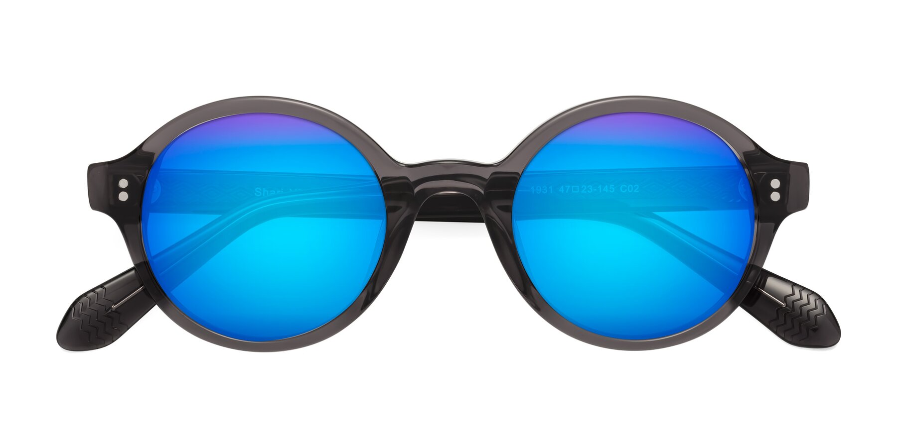 Folded Front of Shari in Dark Gray with Blue Mirrored Lenses