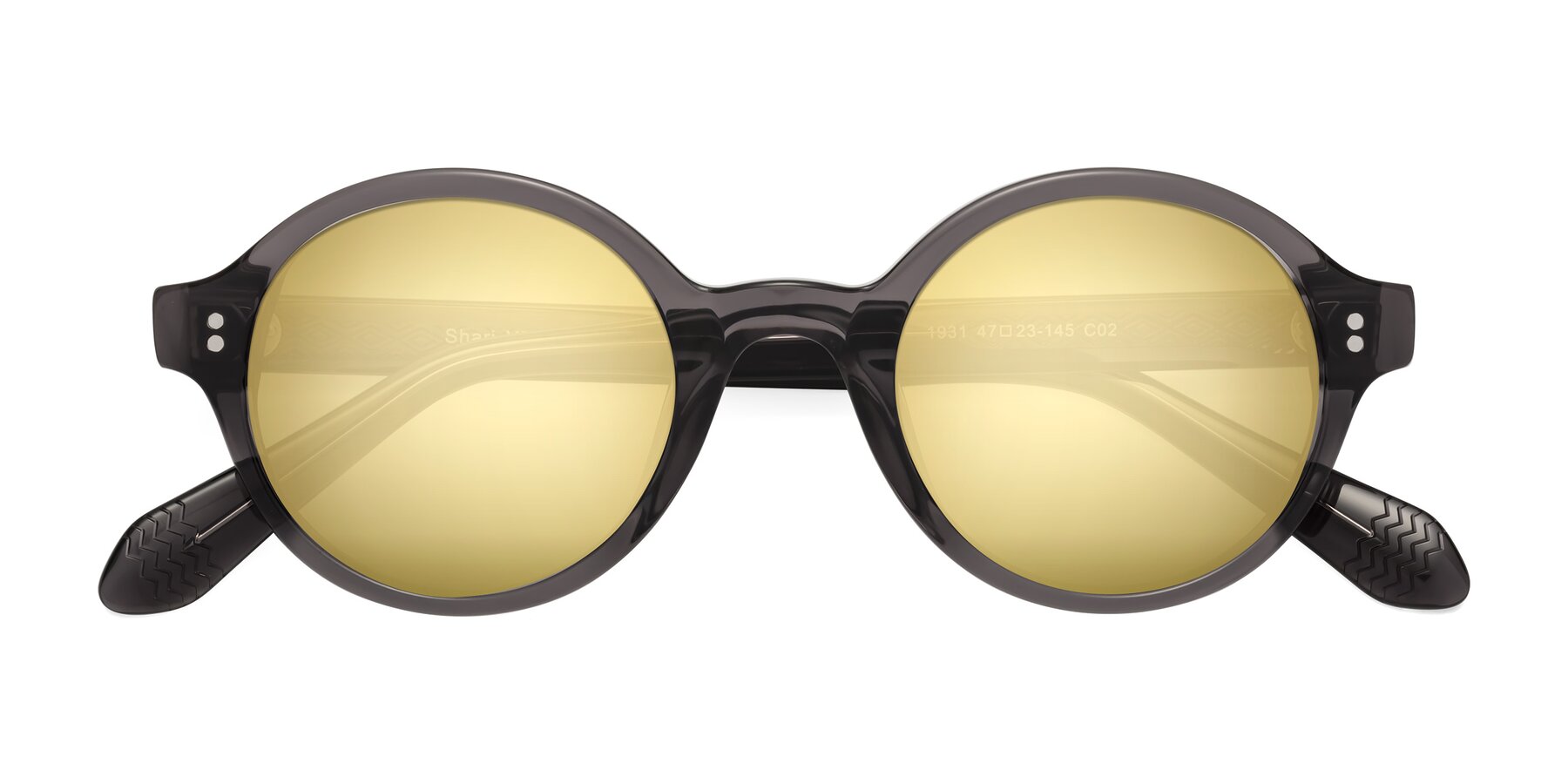 Folded Front of Shari in Dark Gray with Gold Mirrored Lenses