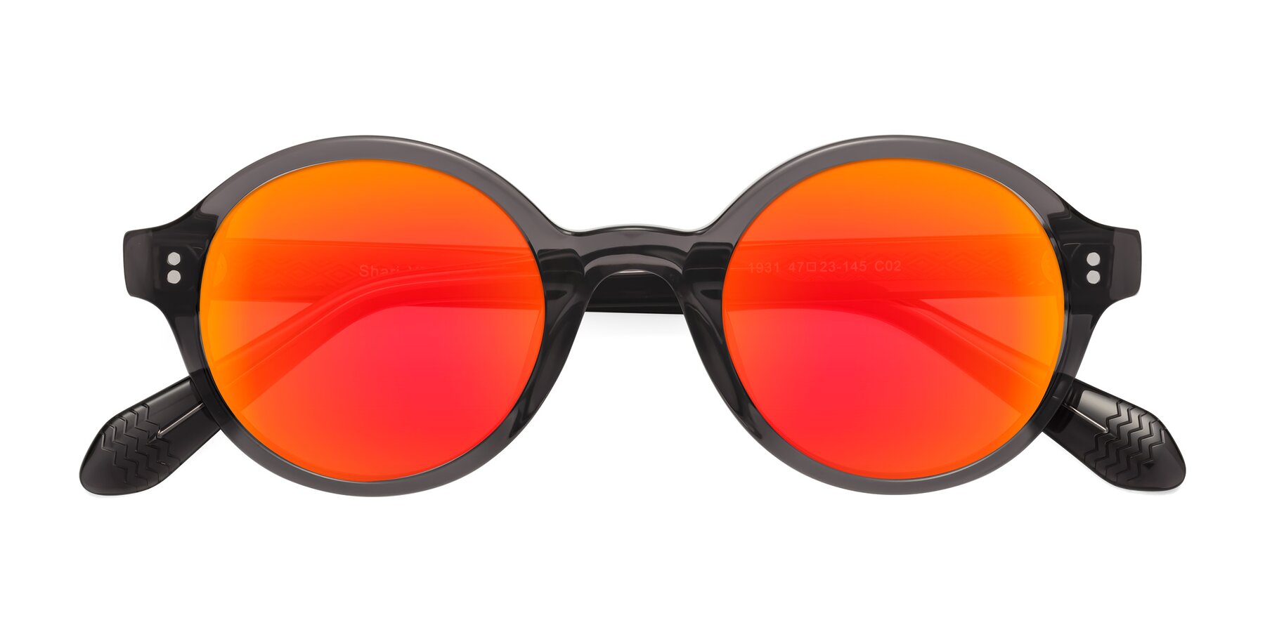 Folded Front of Shari in Dark Gray with Red Gold Mirrored Lenses