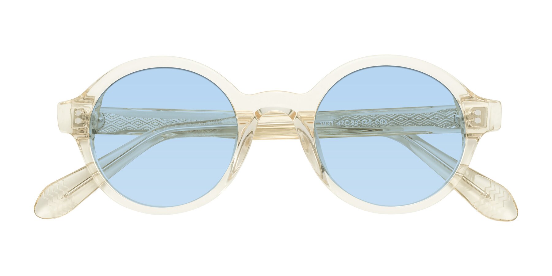 Folded Front of Shari in Champagne with Light Blue Tinted Lenses