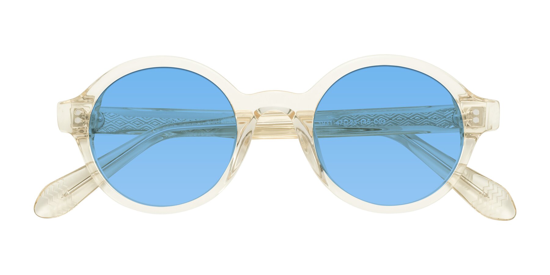 Folded Front of Shari in Champagne with Medium Blue Tinted Lenses