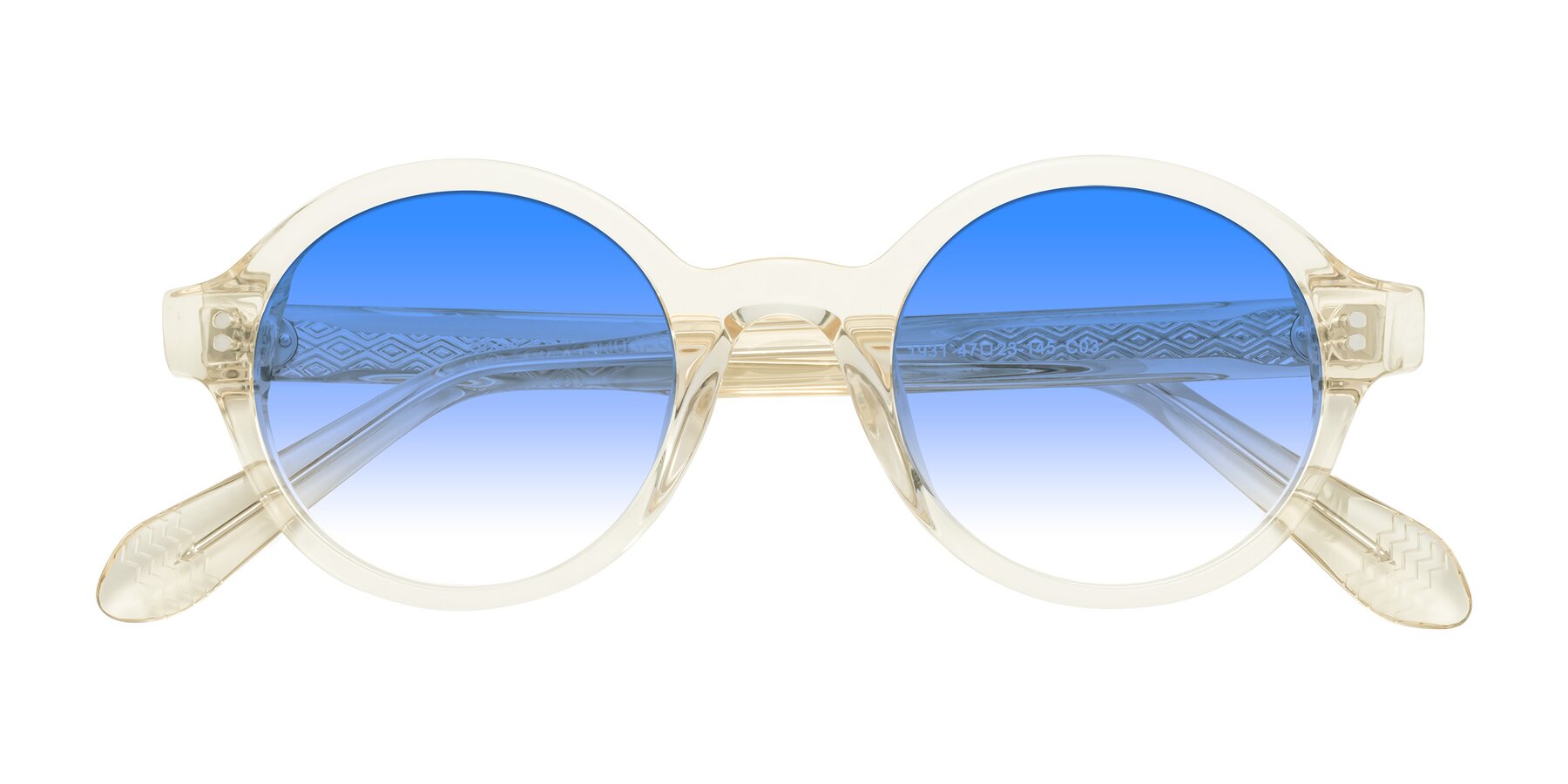 Folded Front of Shari in Champagne with Blue Gradient Lenses