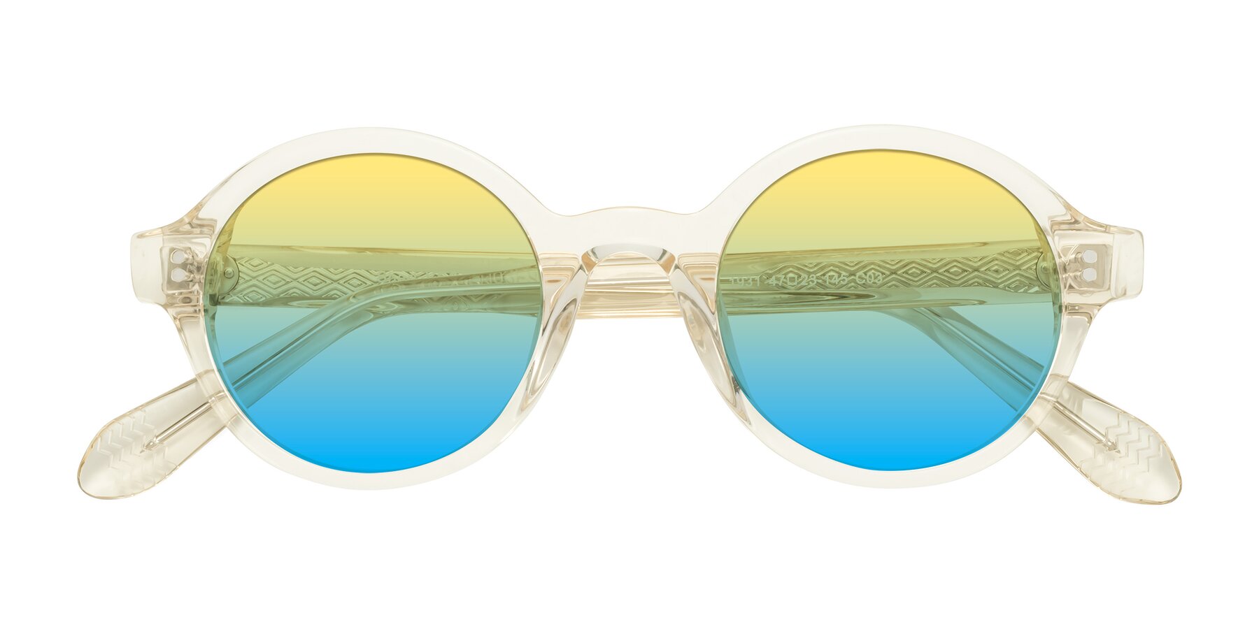 Folded Front of Shari in Champagne with Yellow / Blue Gradient Lenses