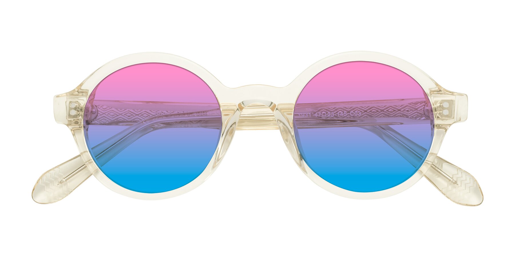 Folded Front of Shari in Champagne with Pink / Blue Gradient Lenses