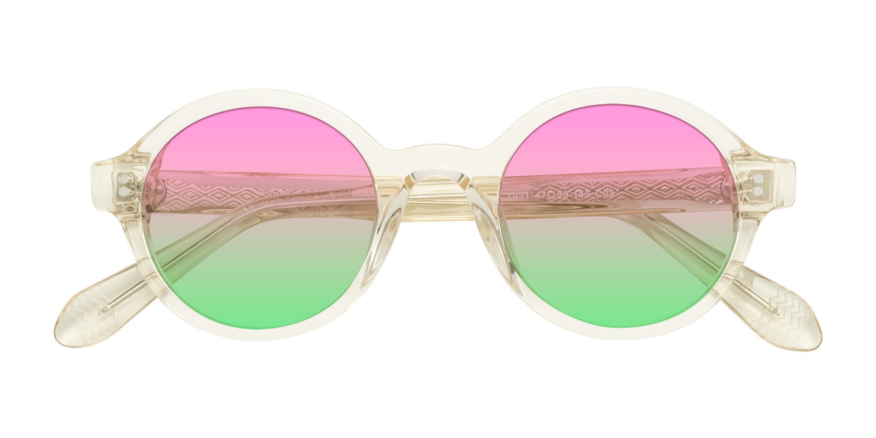 Folded Front of Shari in Champagne with Pink / Green Gradient Lenses