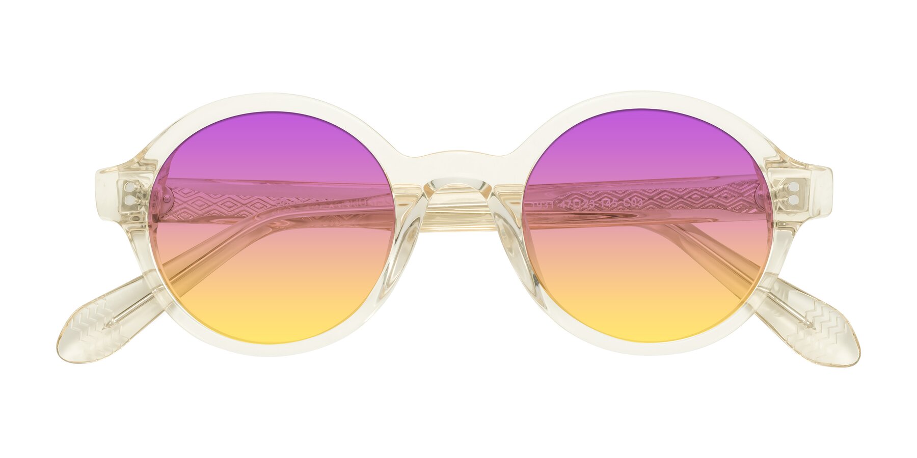 Folded Front of Shari in Champagne with Purple / Yellow Gradient Lenses