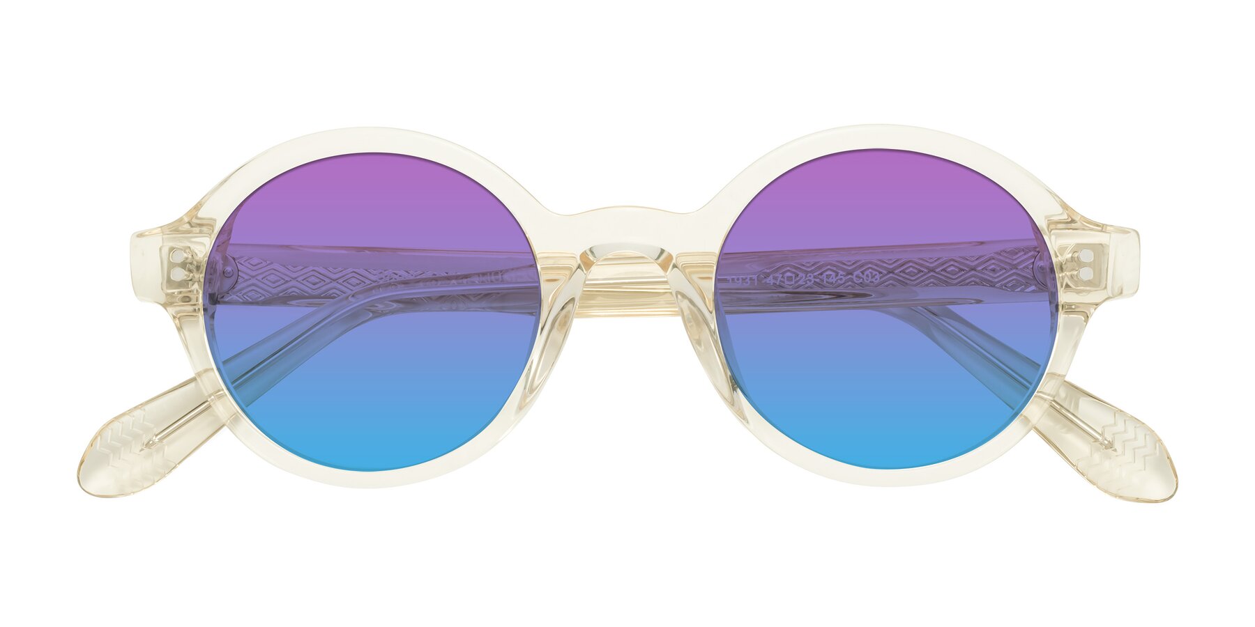 Folded Front of Shari in Champagne with Purple / Blue Gradient Lenses