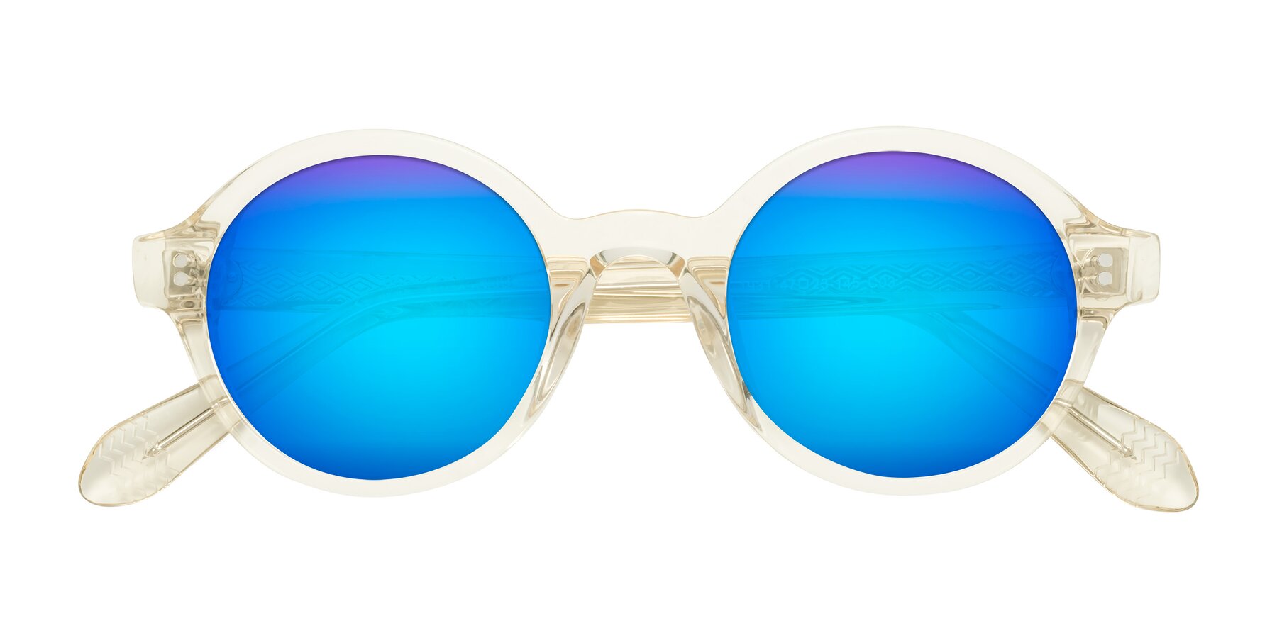 Folded Front of Shari in Champagne with Blue Mirrored Lenses