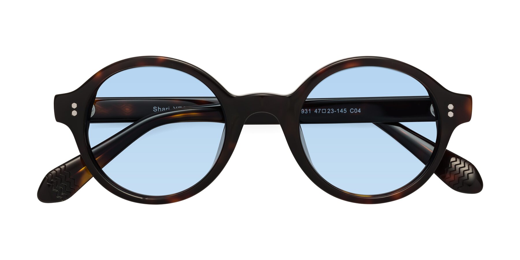 Folded Front of Shari in Dark Tortoise with Light Blue Tinted Lenses