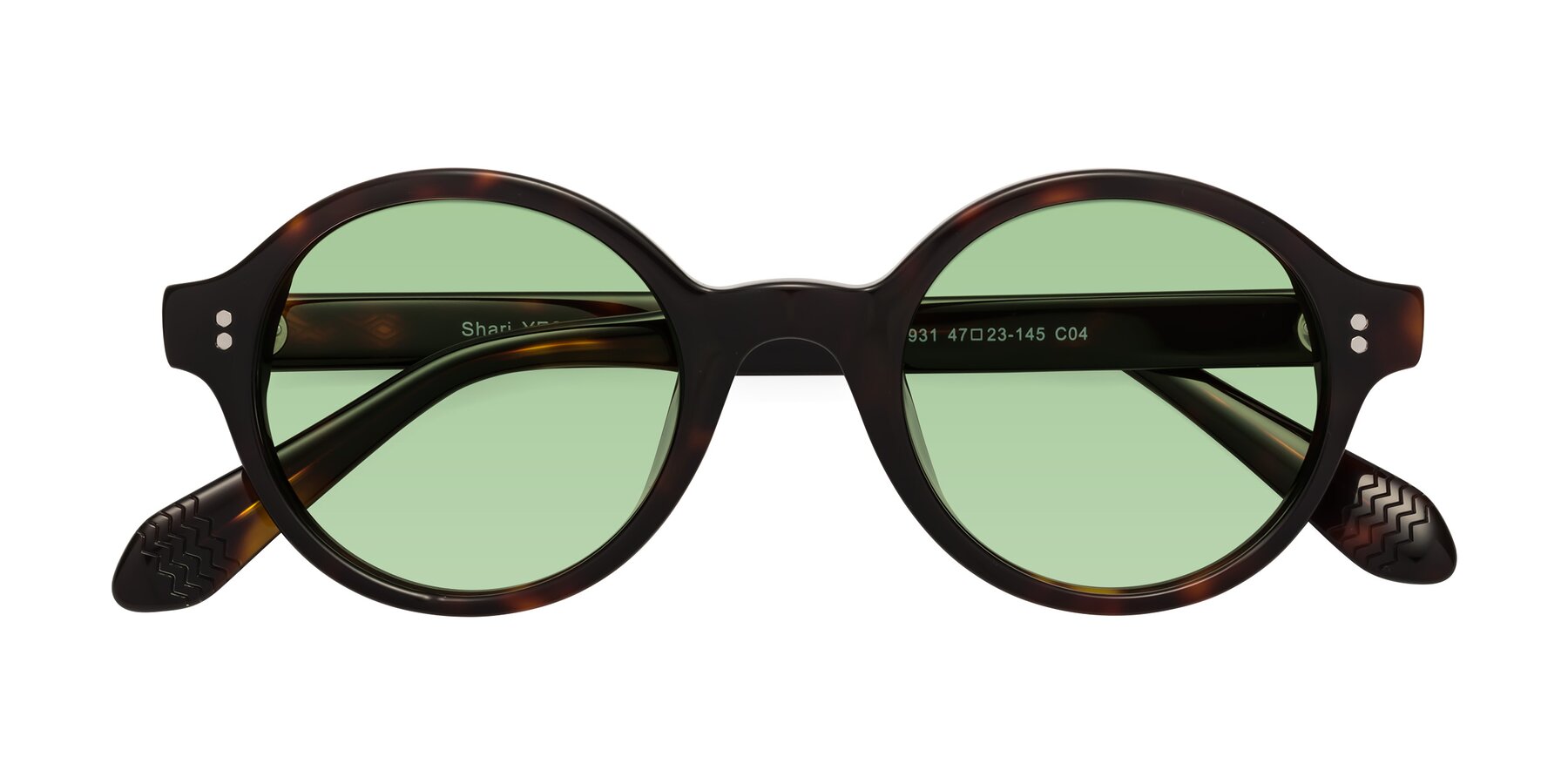 Folded Front of Shari in Dark Tortoise with Medium Green Tinted Lenses