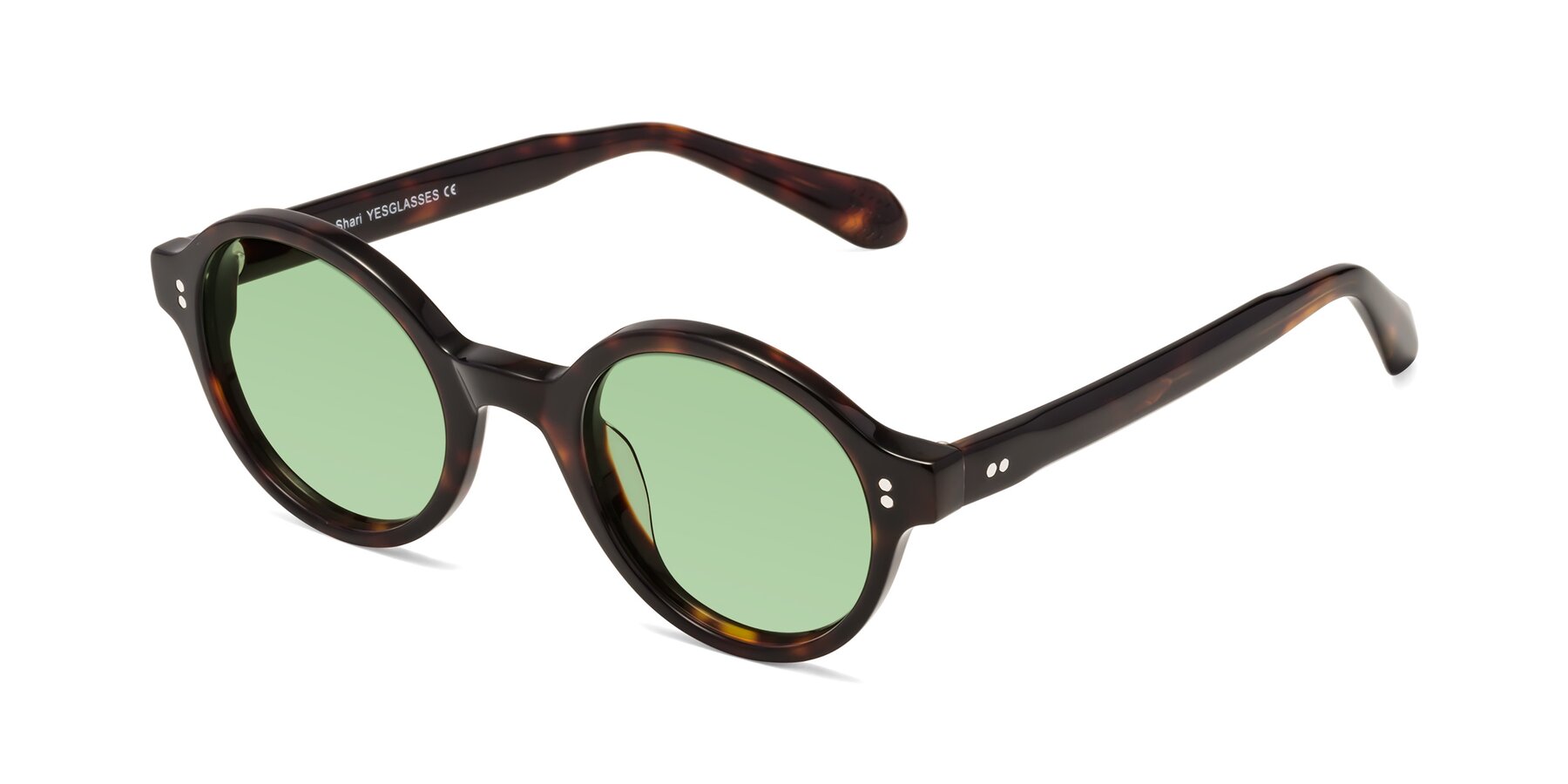 Angle of Shari in Dark Tortoise with Medium Green Tinted Lenses