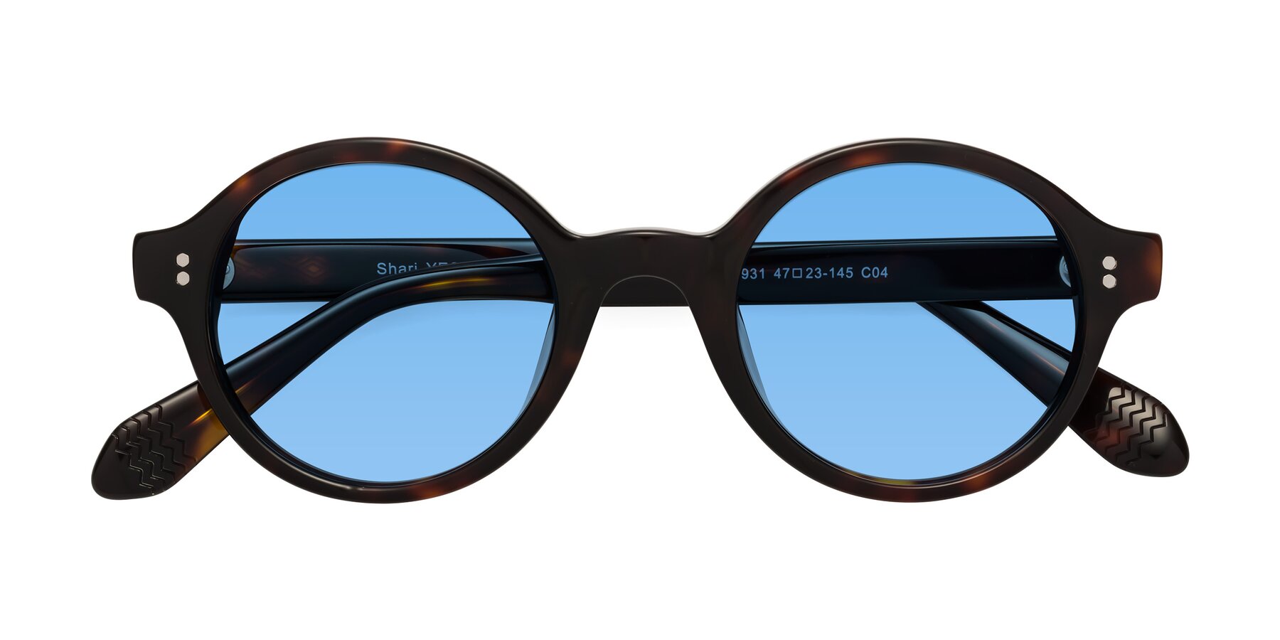 Folded Front of Shari in Dark Tortoise with Medium Blue Tinted Lenses