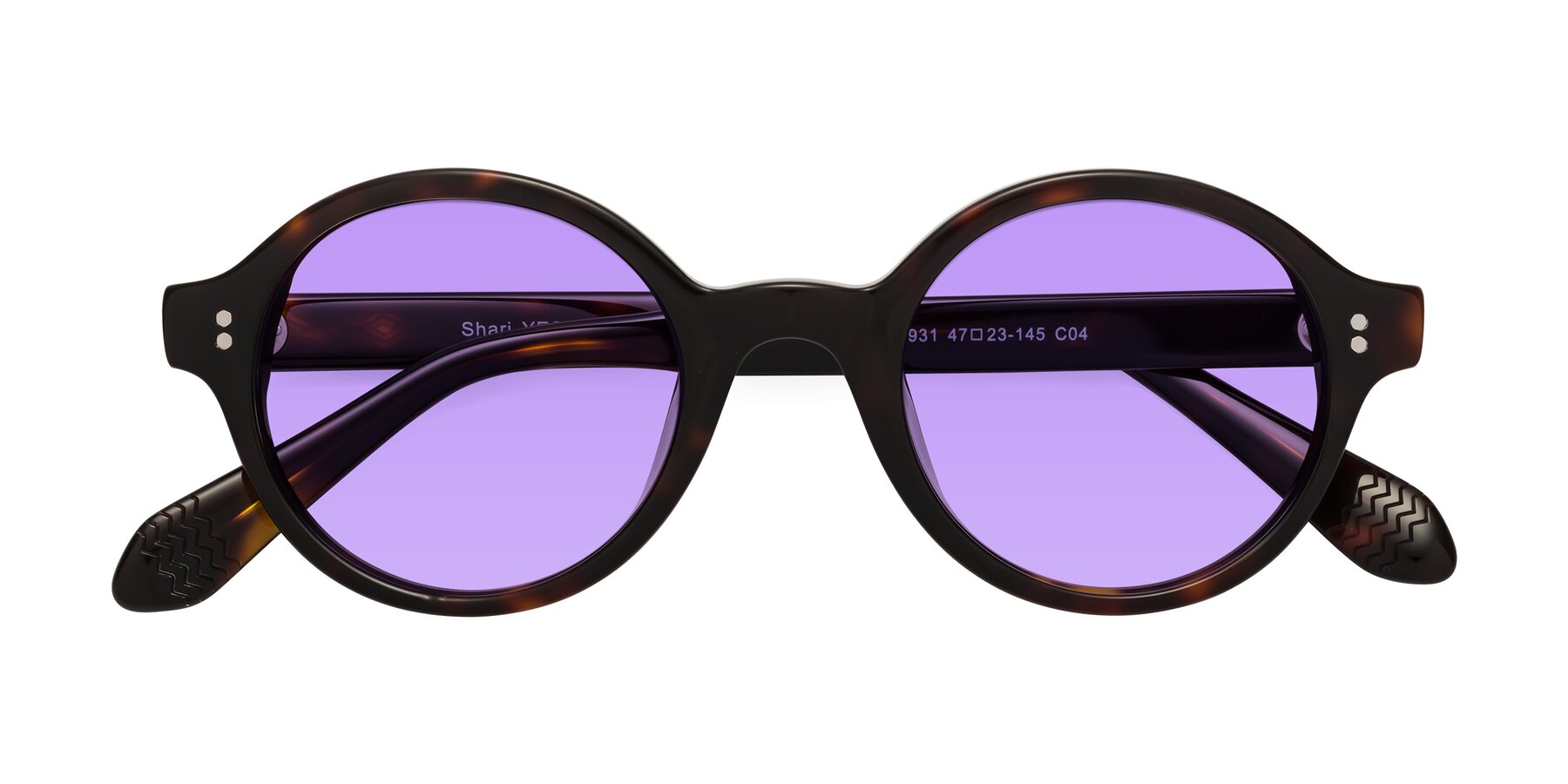 Folded Front of Shari in Dark Tortoise with Medium Purple Tinted Lenses