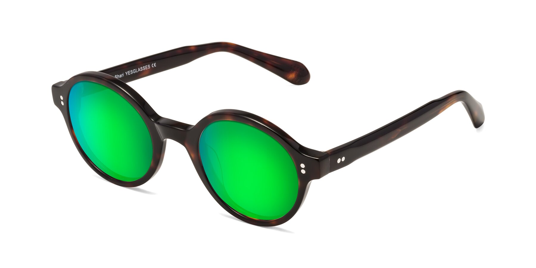 Angle of Shari in Dark Tortoise with Green Mirrored Lenses