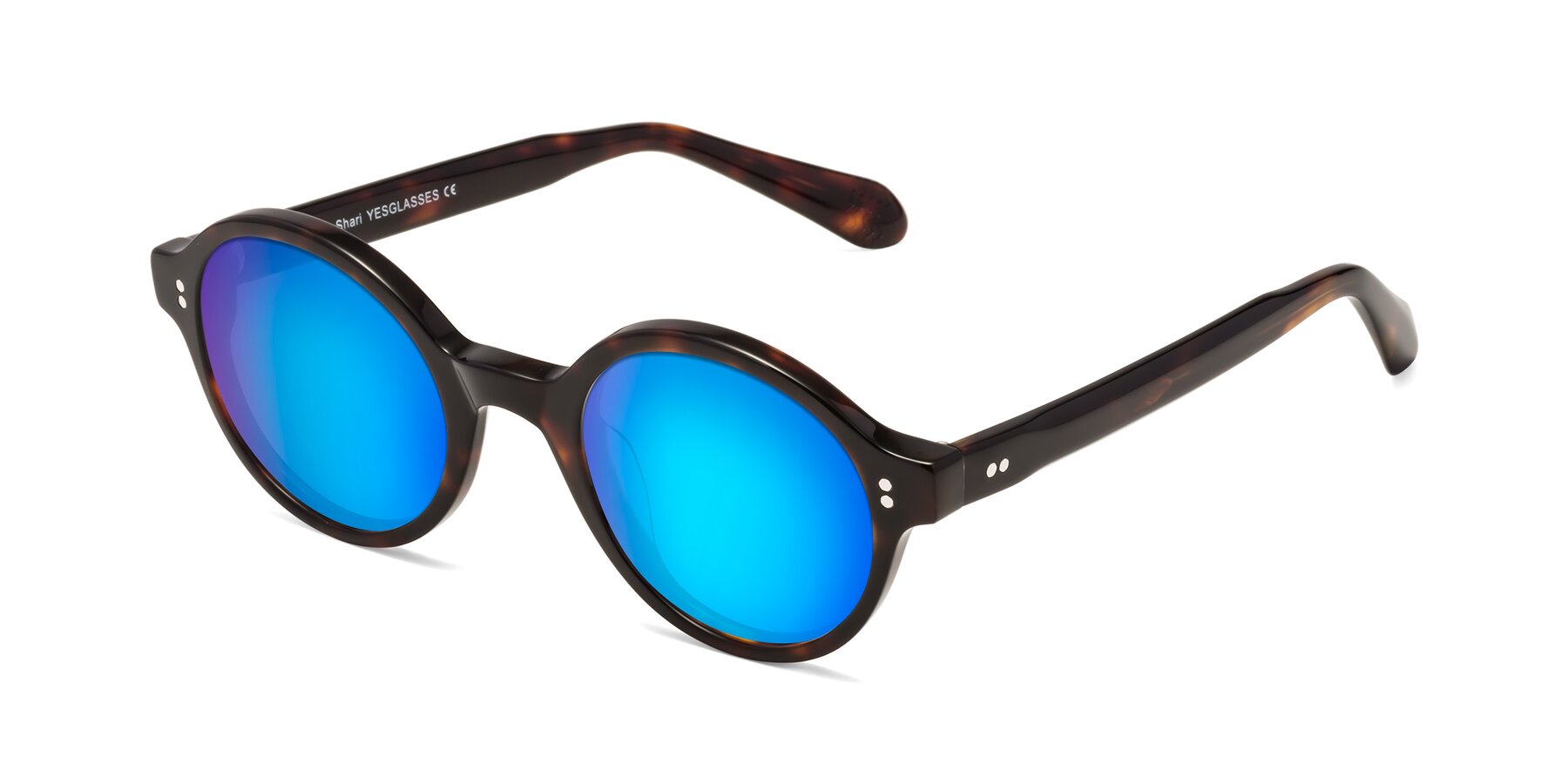 Angle of Shari in Dark Tortoise with Blue Mirrored Lenses