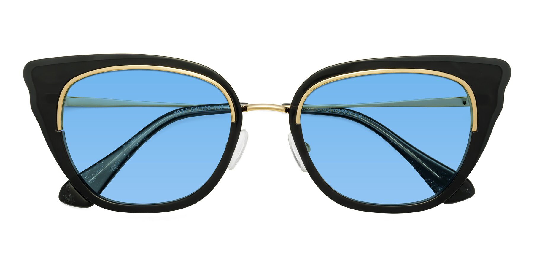 Folded Front of Spire in Black-Gold with Medium Blue Tinted Lenses