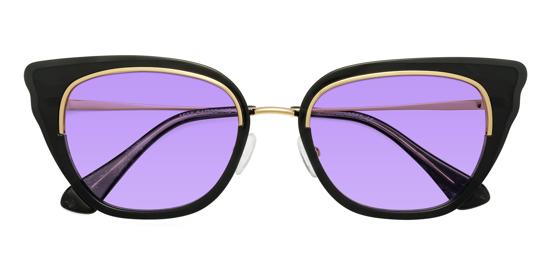 Folded Front of Spire in Black-Gold with Medium Purple Tinted Lenses