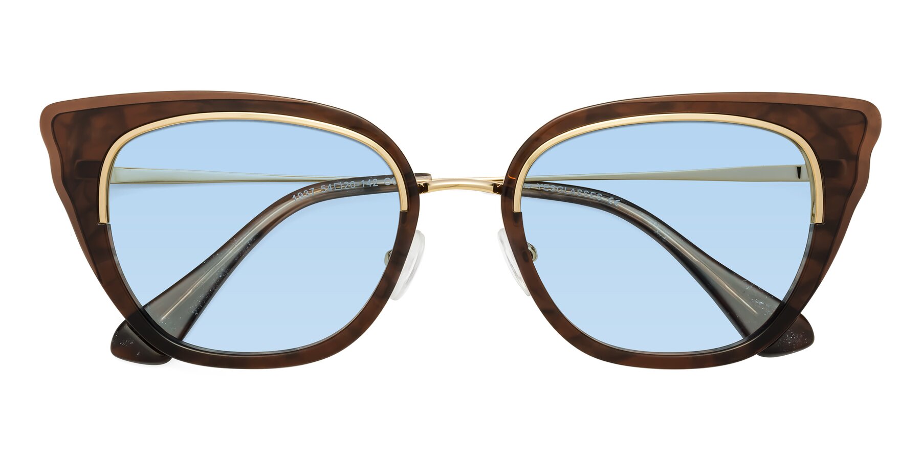 Folded Front of Spire in Coffee-Gold with Light Blue Tinted Lenses