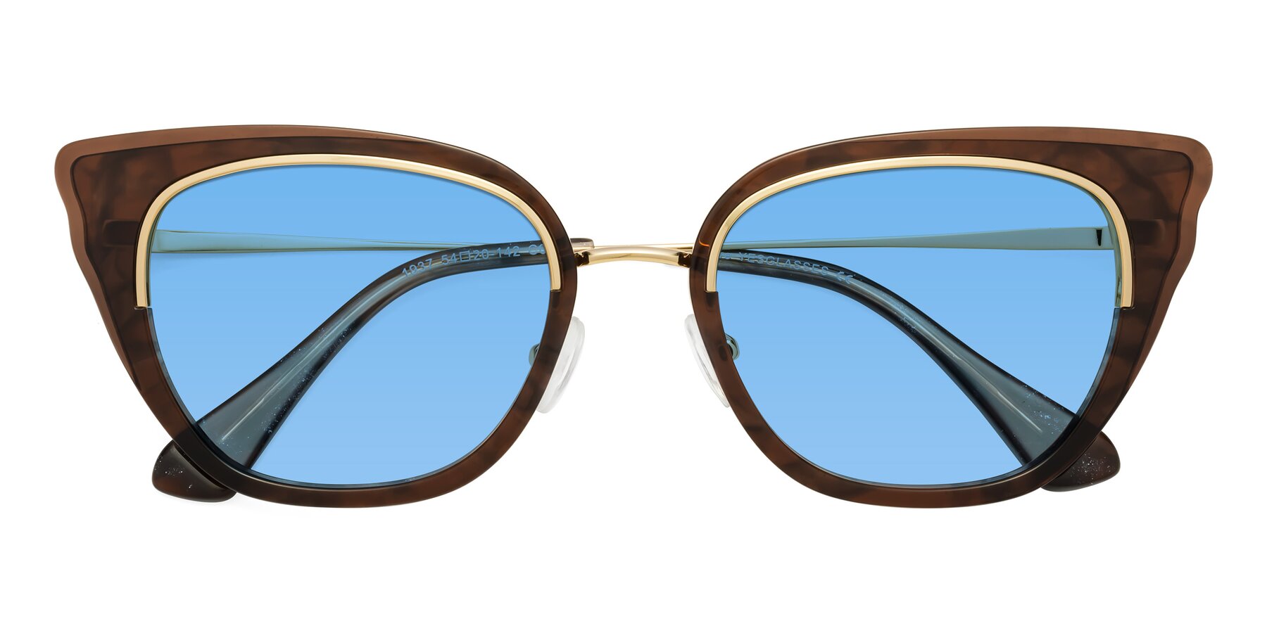 Folded Front of Spire in Coffee-Gold with Medium Blue Tinted Lenses