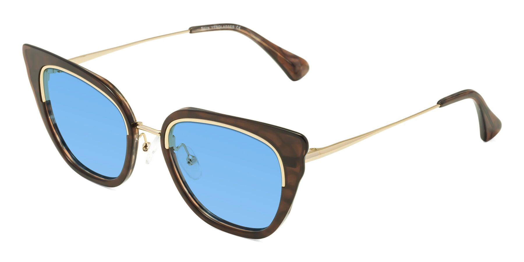 Angle of Spire in Coffee-Gold with Medium Blue Tinted Lenses