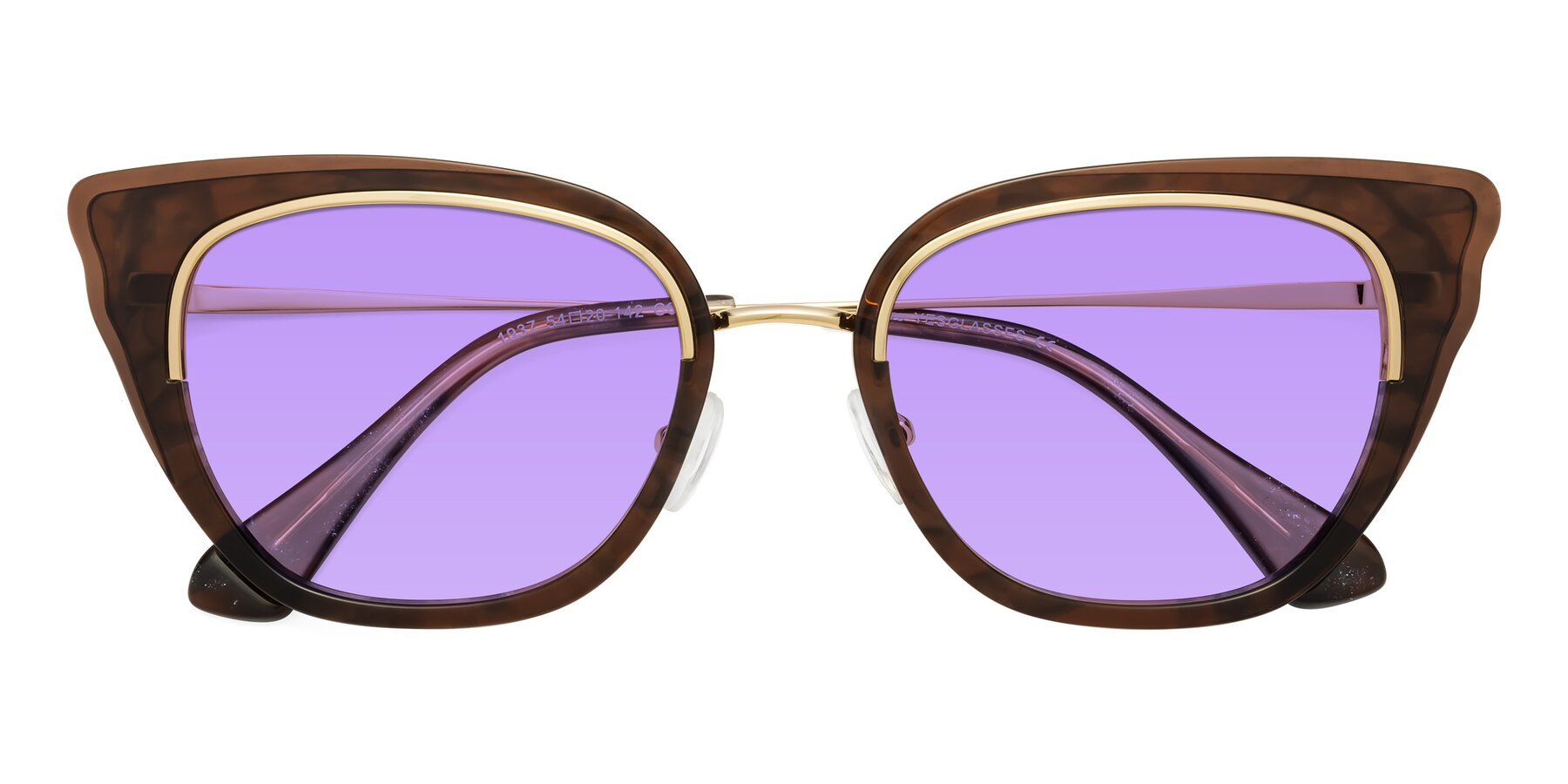 Folded Front of Spire in Coffee-Gold with Medium Purple Tinted Lenses