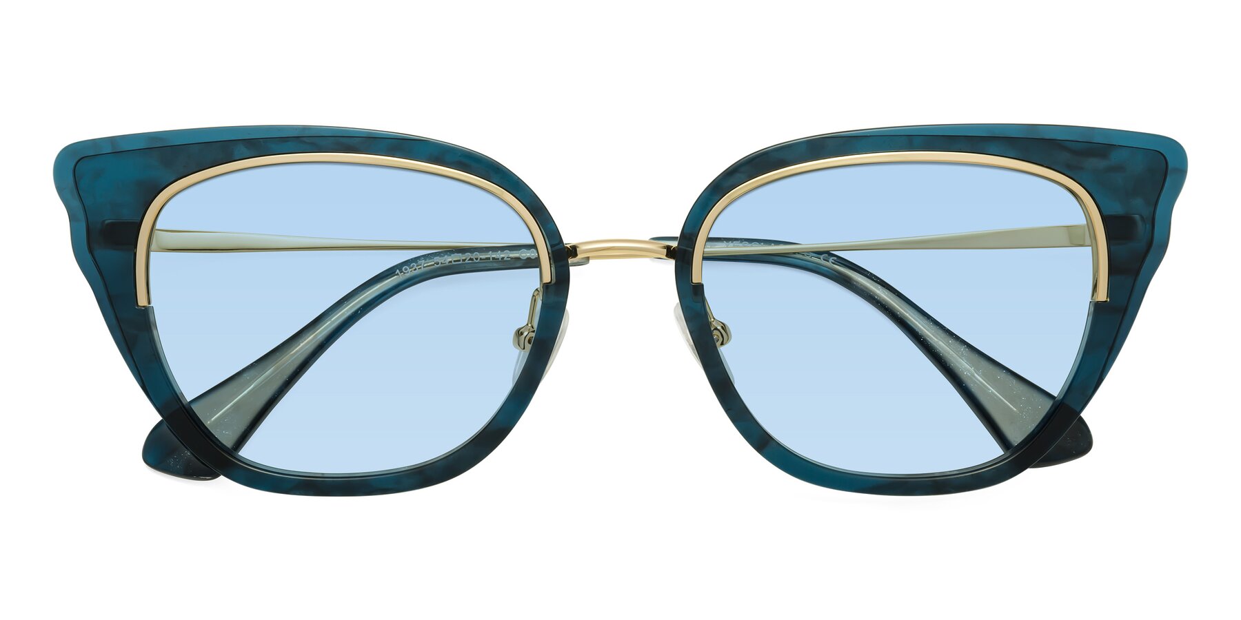 Folded Front of Spire in Teal-Gold with Light Blue Tinted Lenses