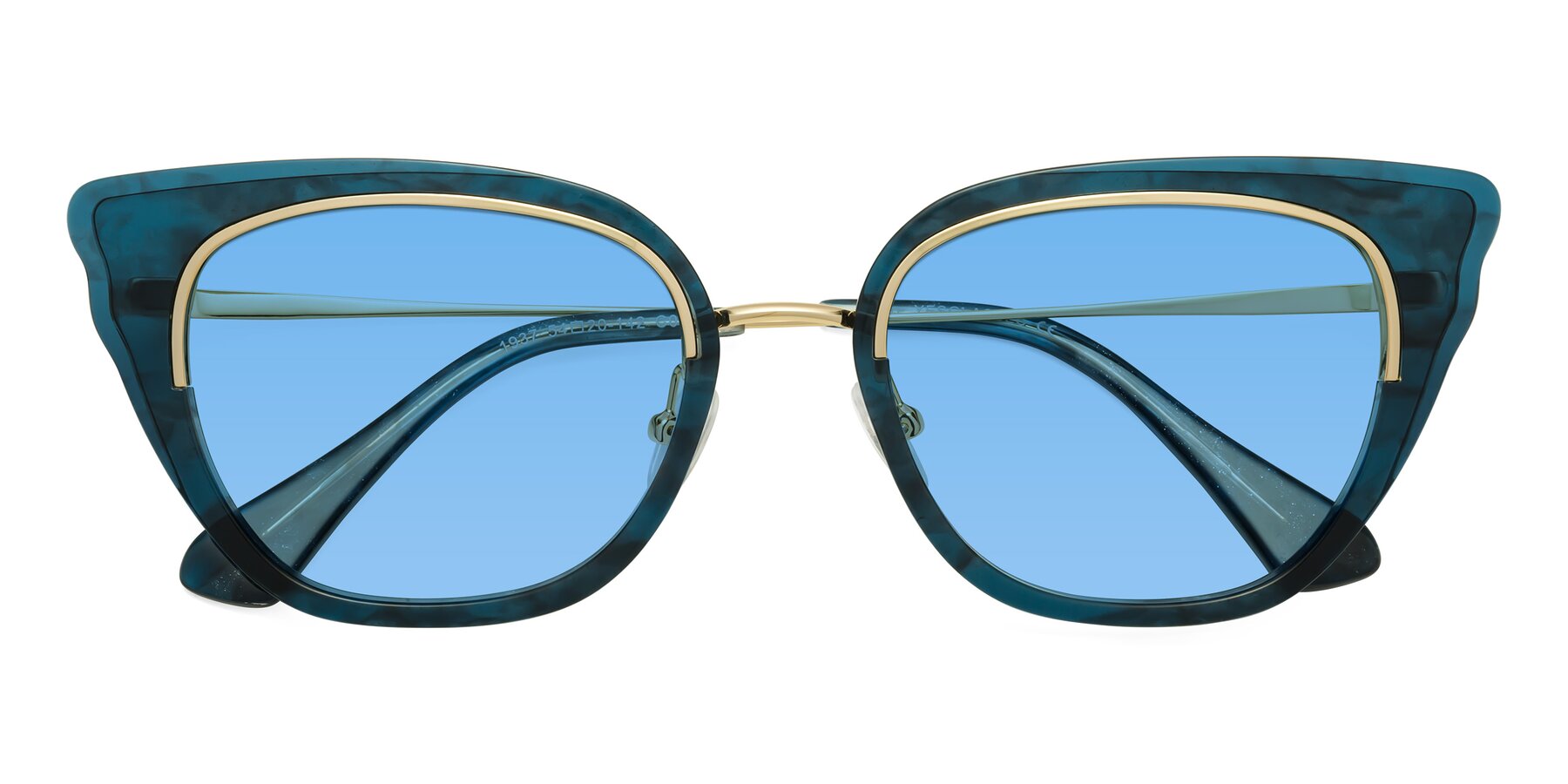 Folded Front of Spire in Teal-Gold with Medium Blue Tinted Lenses