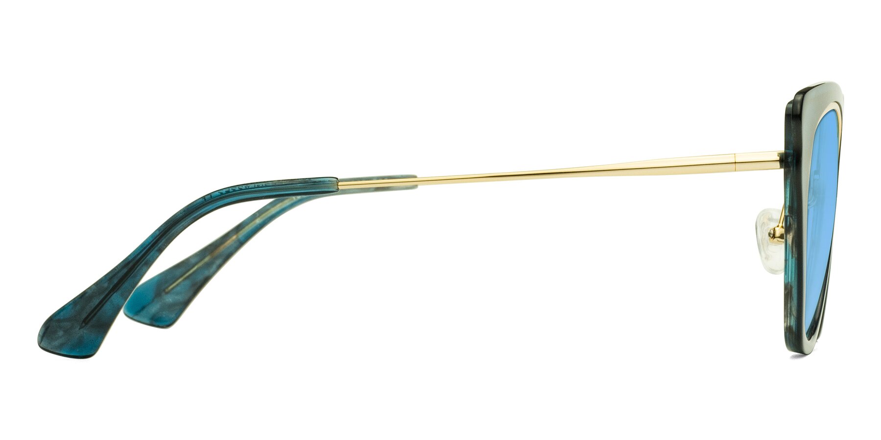 Side of Spire in Teal-Gold with Medium Blue Tinted Lenses