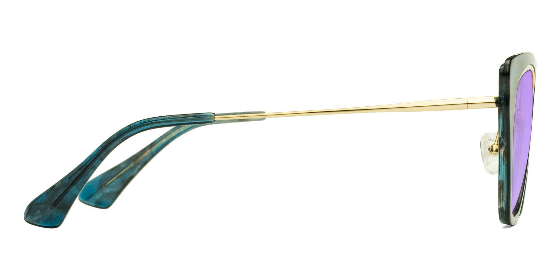 Side of Spire in Teal-Gold with Medium Purple Tinted Lenses