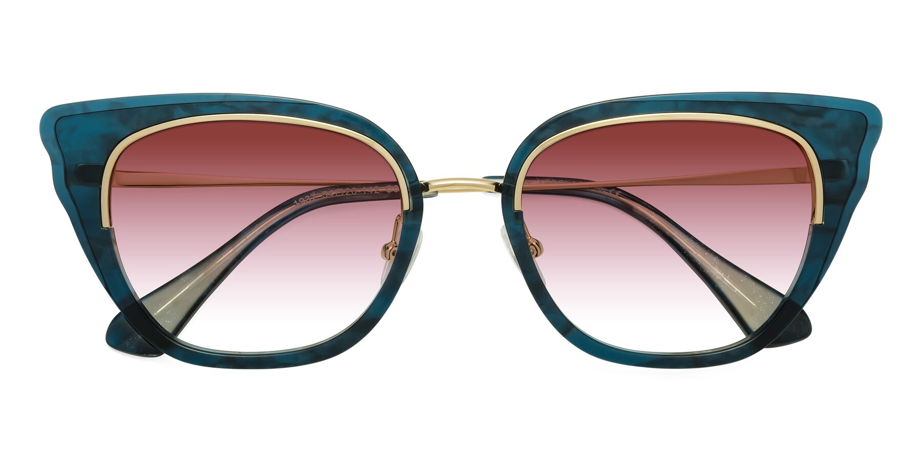 Folded Front of Spire in Teal-Gold with Garnet Gradient Lenses