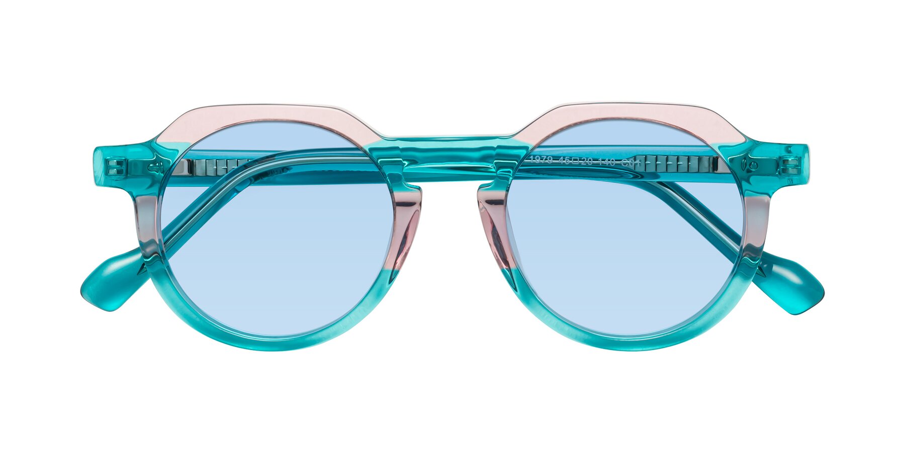 Folded Front of Vesper in Green-Pink with Light Blue Tinted Lenses