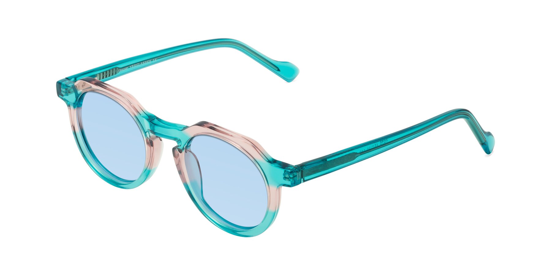 Angle of Vesper in Green-Pink with Light Blue Tinted Lenses