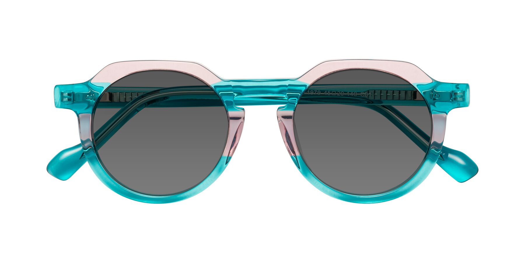 Folded Front of Vesper in Green-Pink with Medium Gray Tinted Lenses