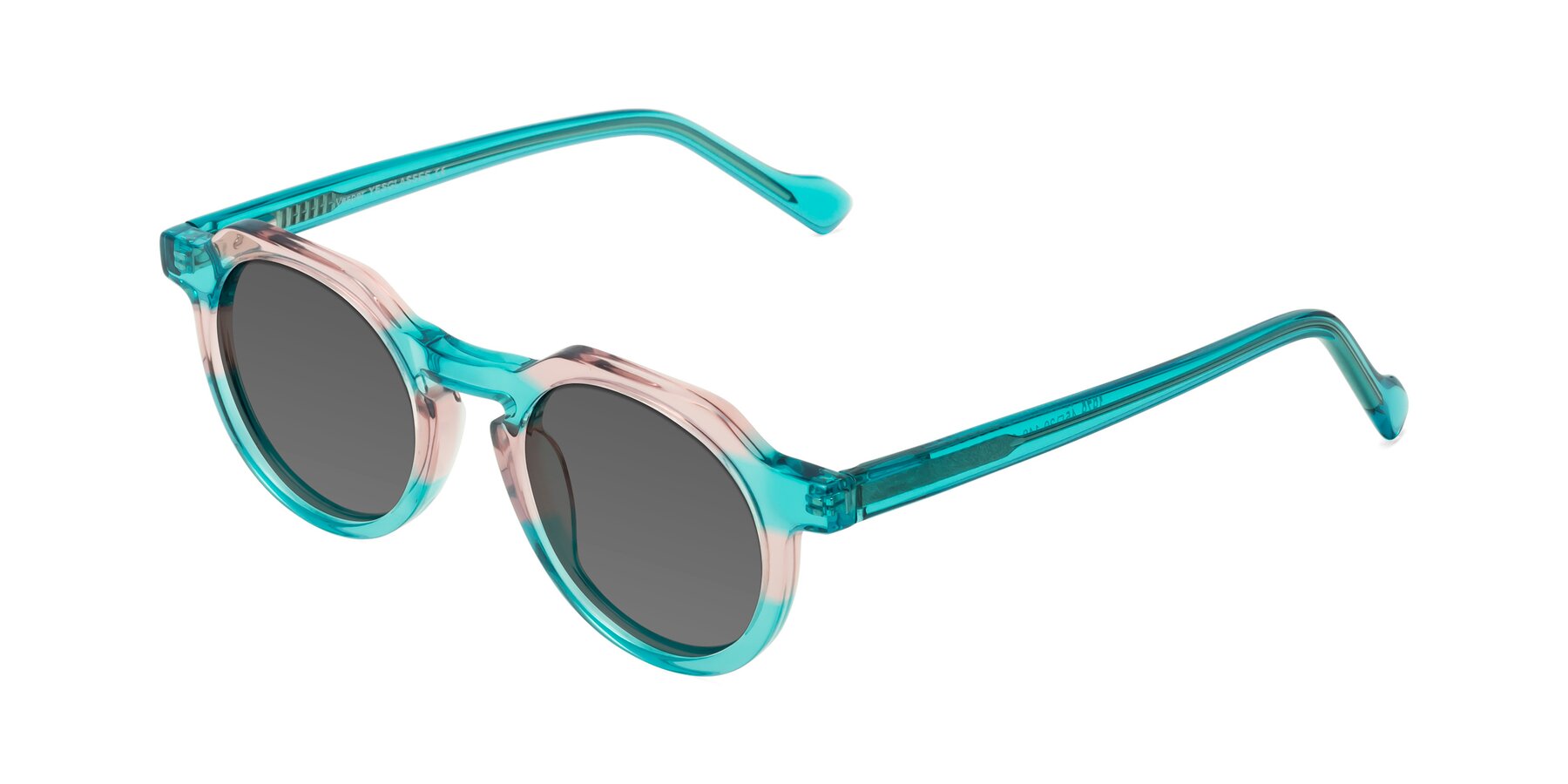 Angle of Vesper in Green-Pink with Medium Gray Tinted Lenses