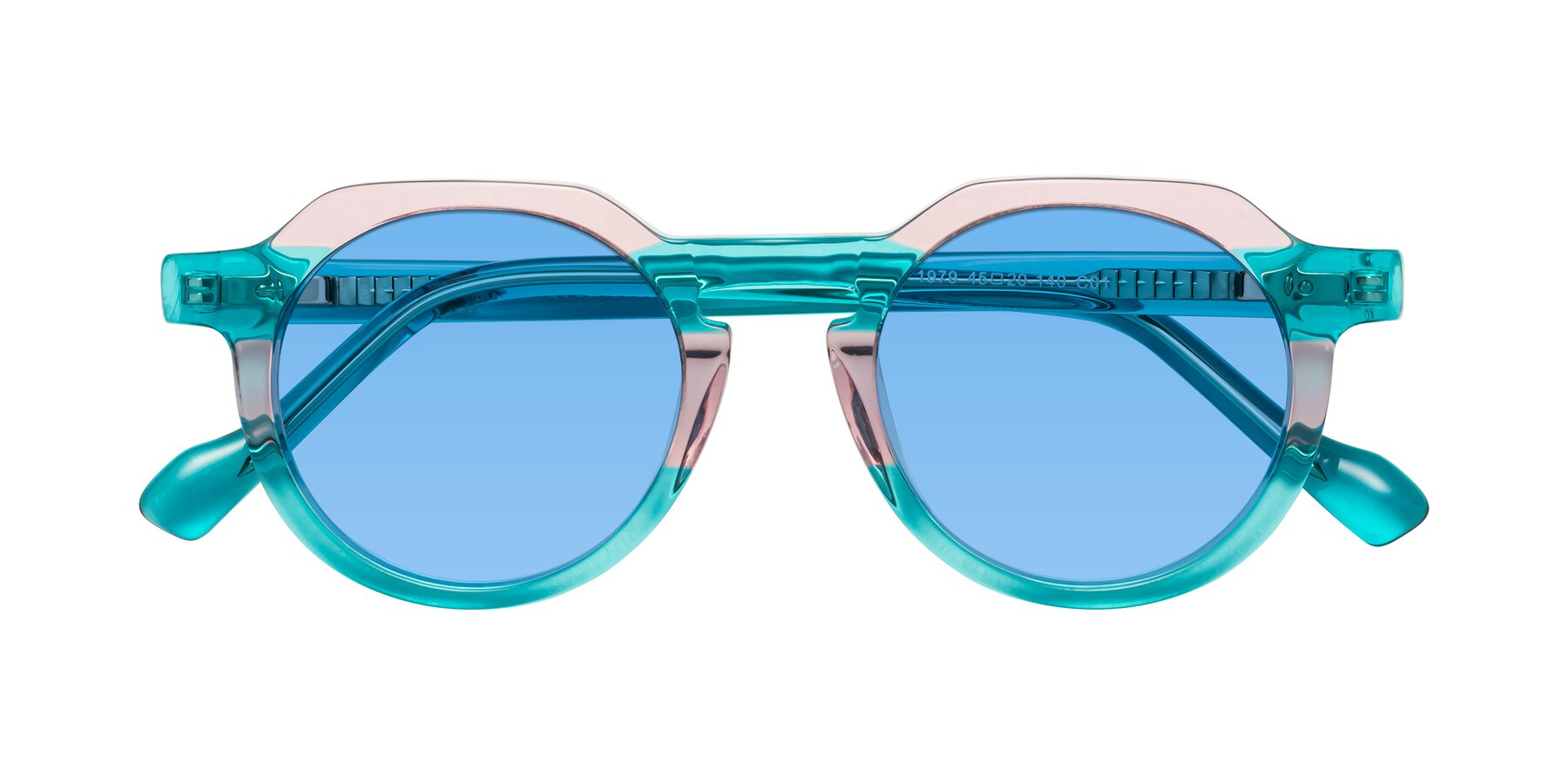 Folded Front of Vesper in Green-Pink with Medium Blue Tinted Lenses