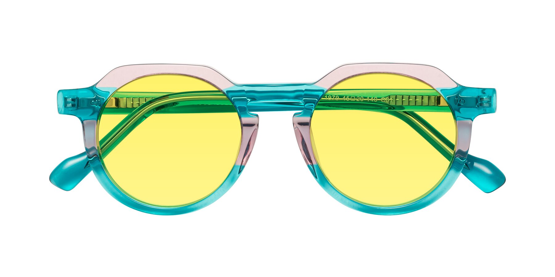 Folded Front of Vesper in Green-Pink with Medium Yellow Tinted Lenses