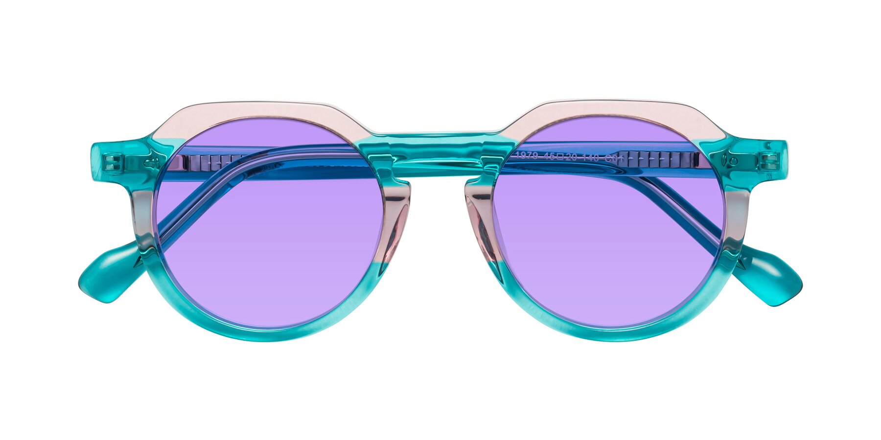 Folded Front of Vesper in Green-Pink with Medium Purple Tinted Lenses