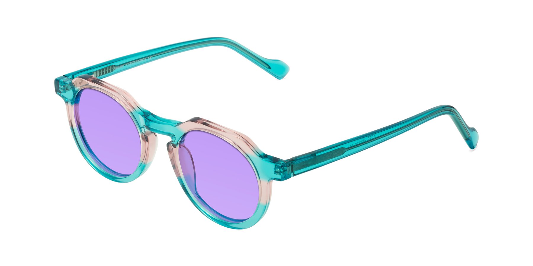 Angle of Vesper in Green-Pink with Medium Purple Tinted Lenses
