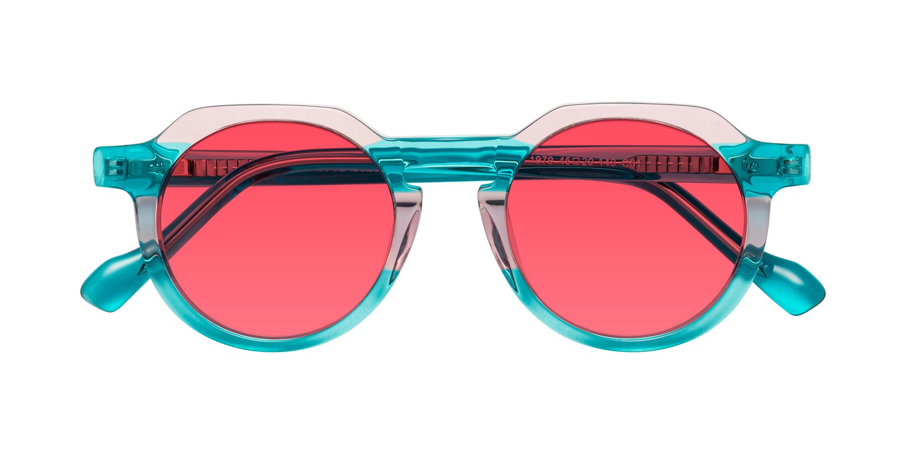 Folded Front of Vesper in Green-Pink with Red Tinted Lenses