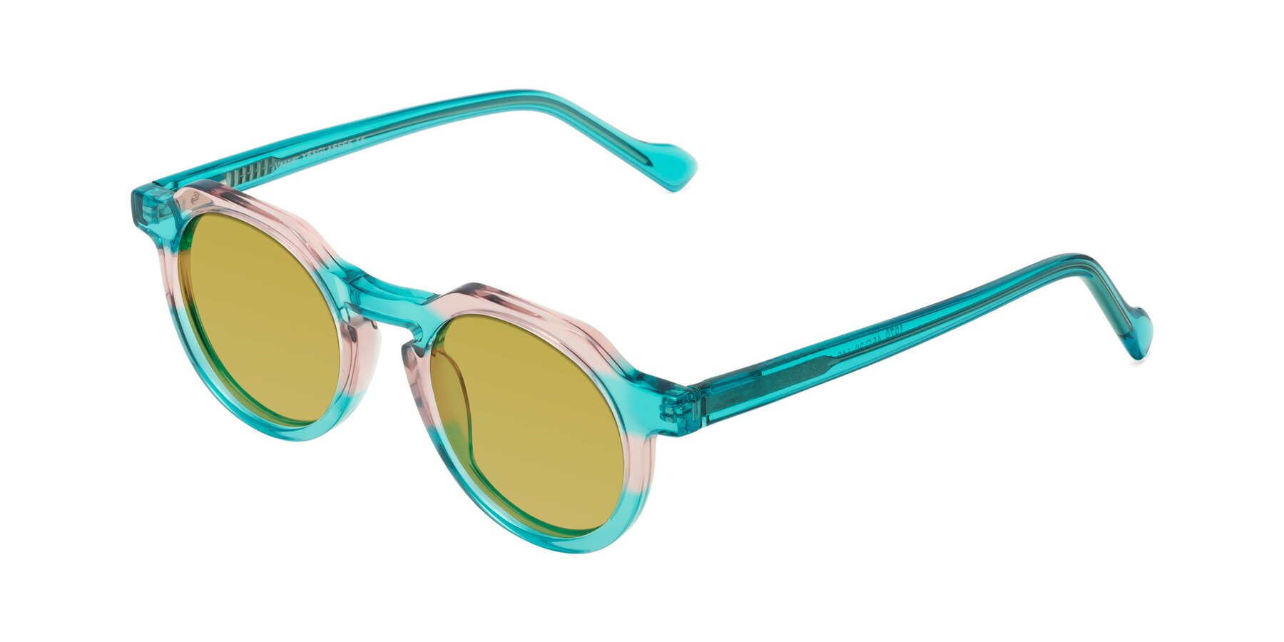 Angle of Vesper in Green-Pink with Champagne Tinted Lenses